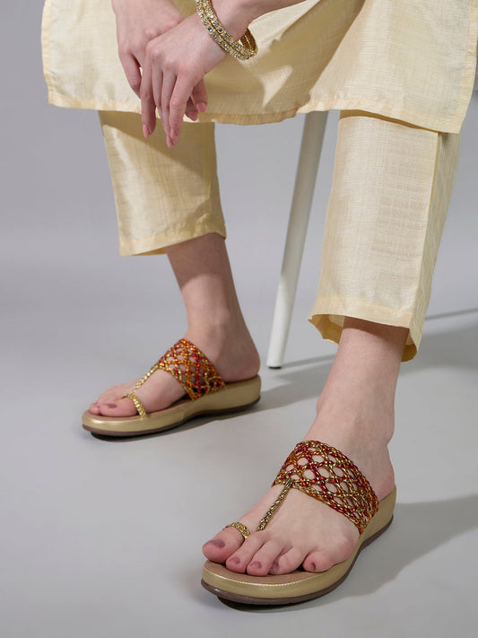 Womens Multi Casual Printed T-Strap Flats