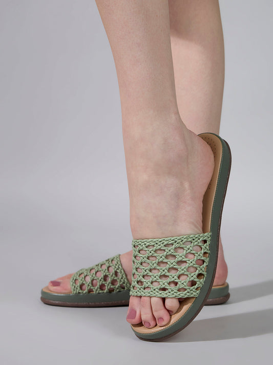 Womens Green Casual Solid Open Toe Flats