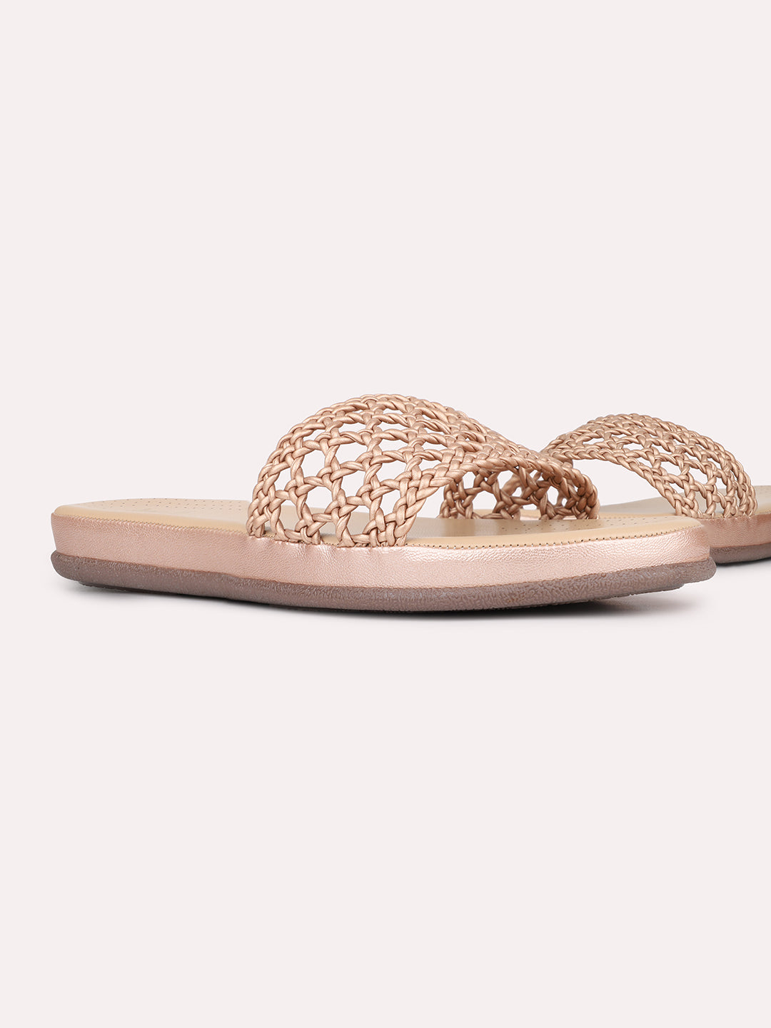 Womens Peach Casual Woven Design Open Toe Slip-On Flats