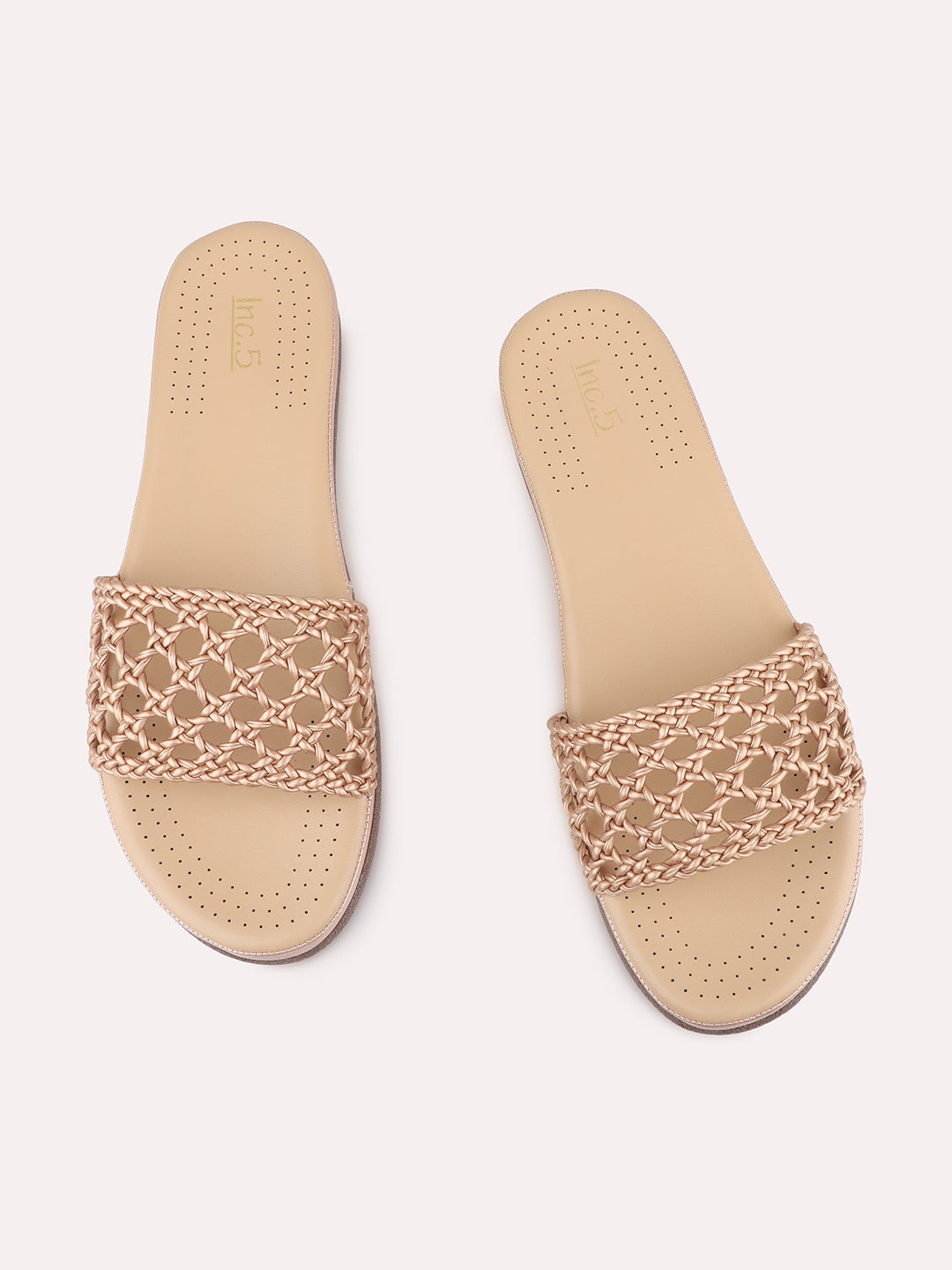 Womens Peach Casual Woven Design Open Toe Slip-On Flats