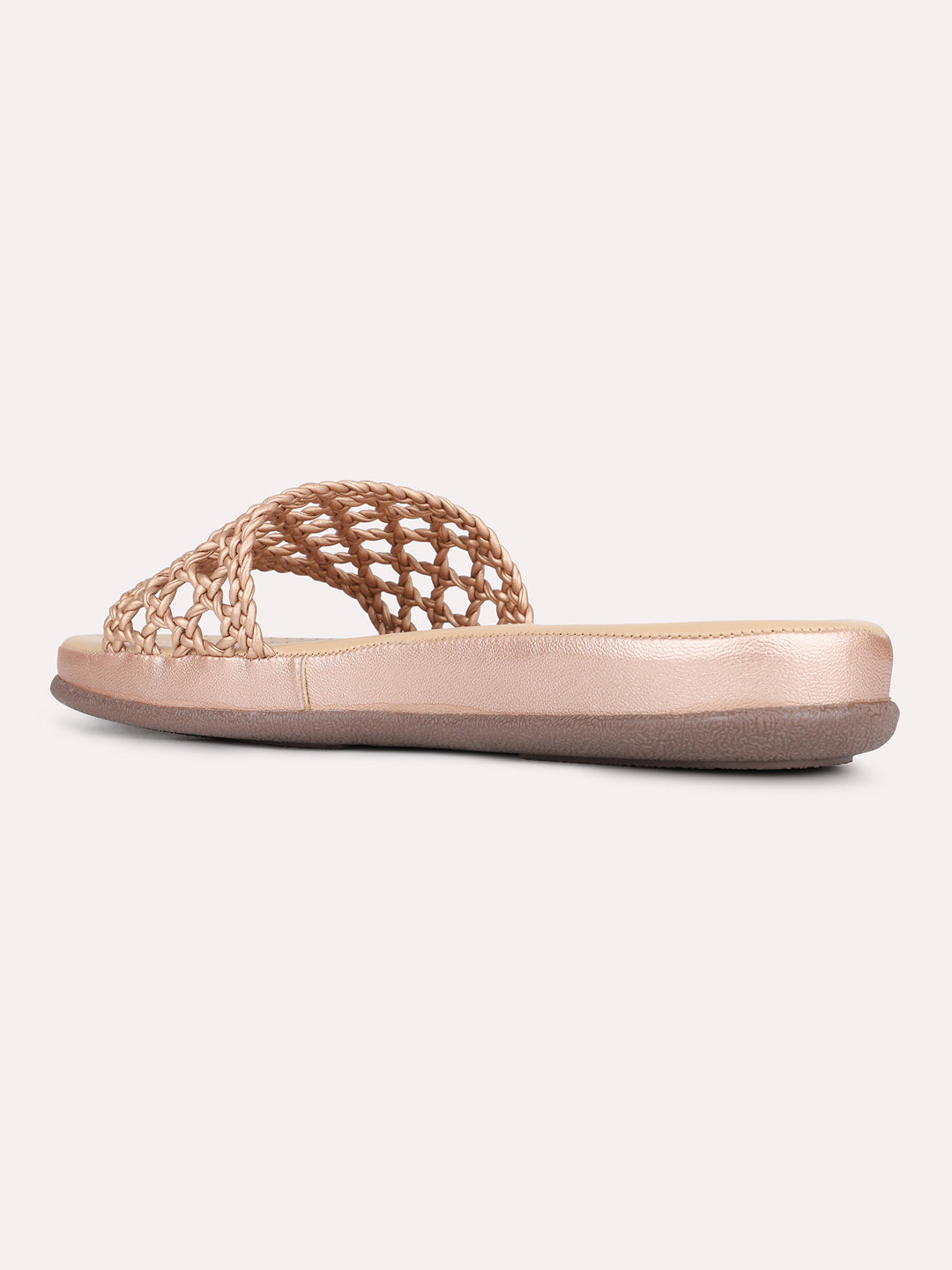 Womens Peach Casual Woven Design Open Toe Slip-On Flats
