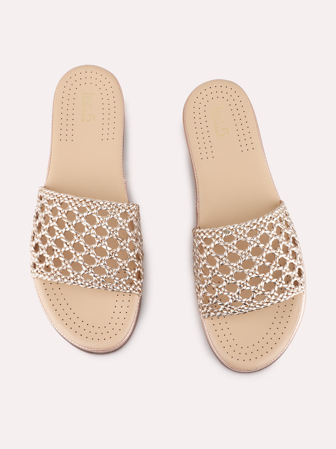 Womens Rose Gold Casual Embellished Open Toe Flats