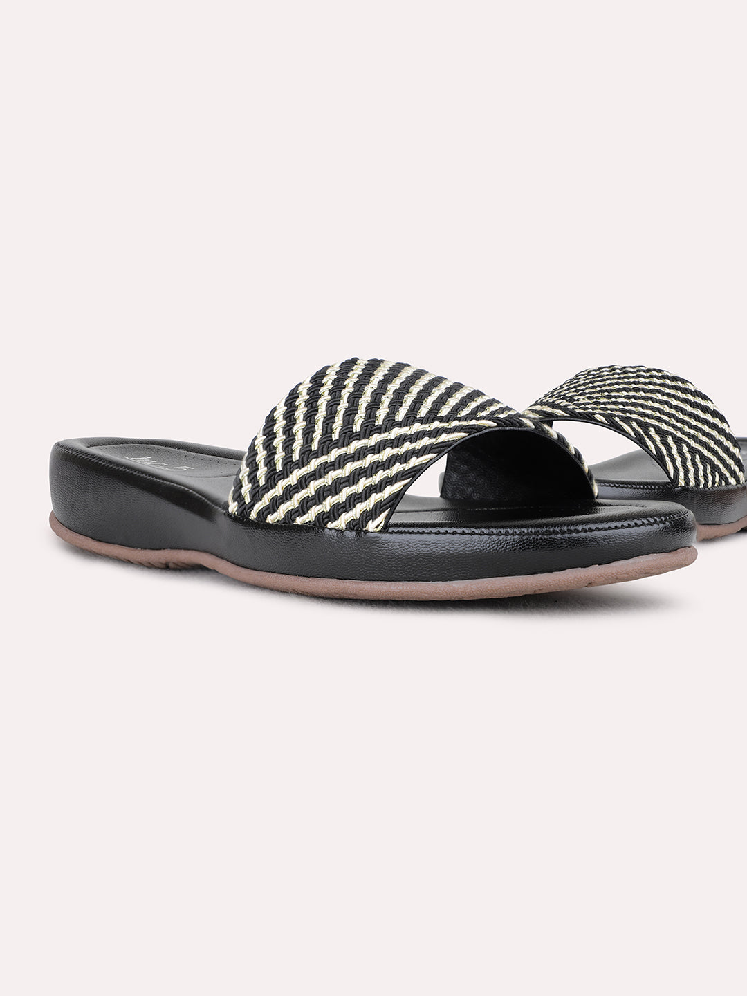 Womens Black Casual Textured Open Toe Flat Sandals