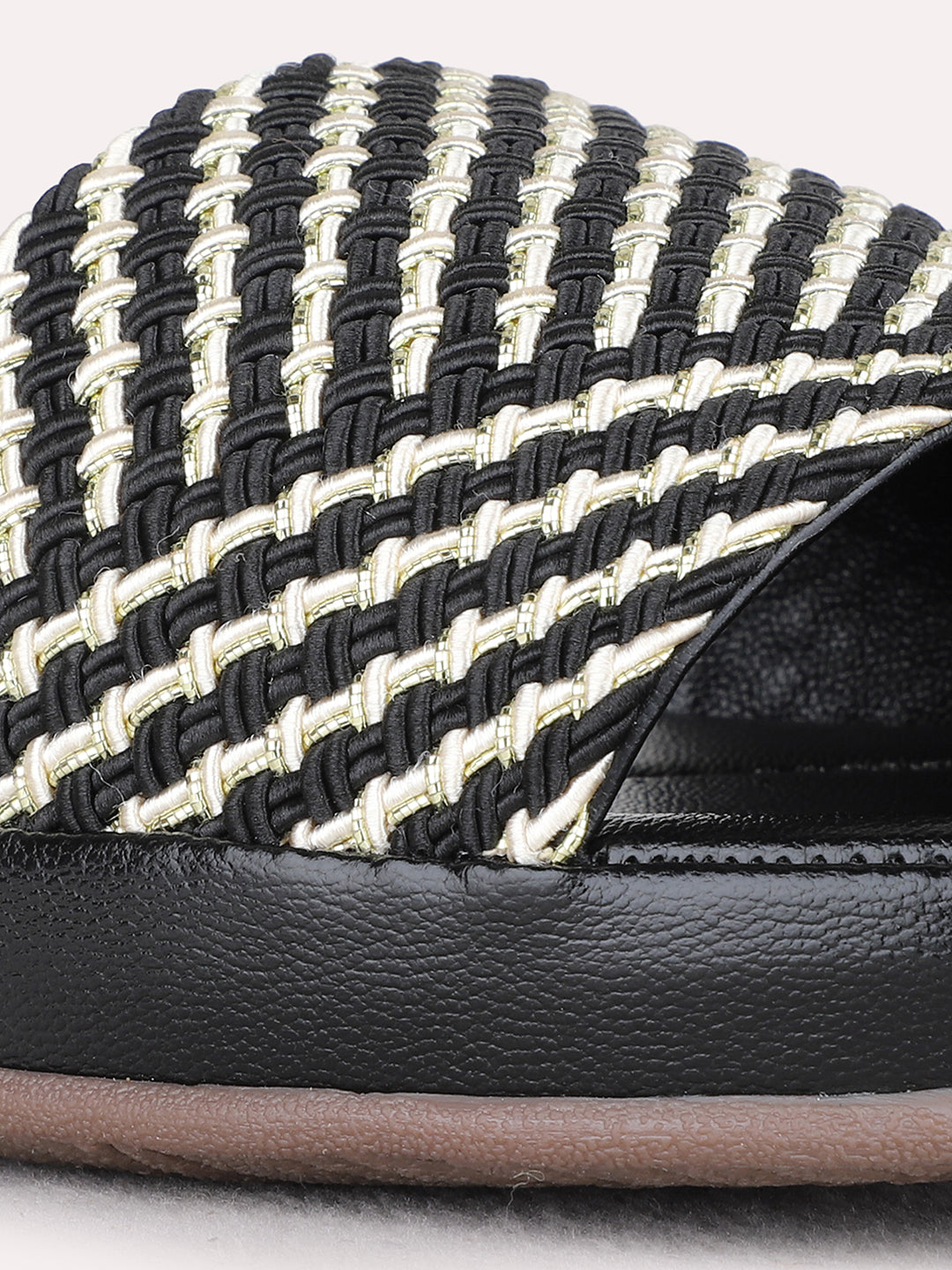 Womens Black Casual Textured Open Toe Flat Sandals