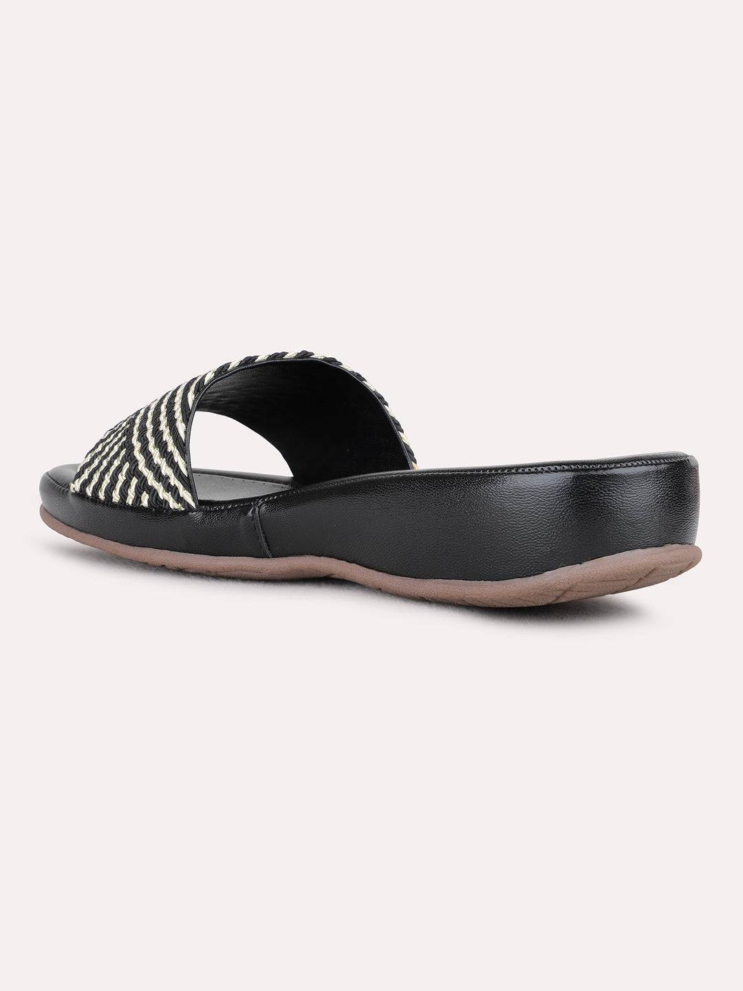 Womens Black Casual Textured Open Toe Flat Sandals