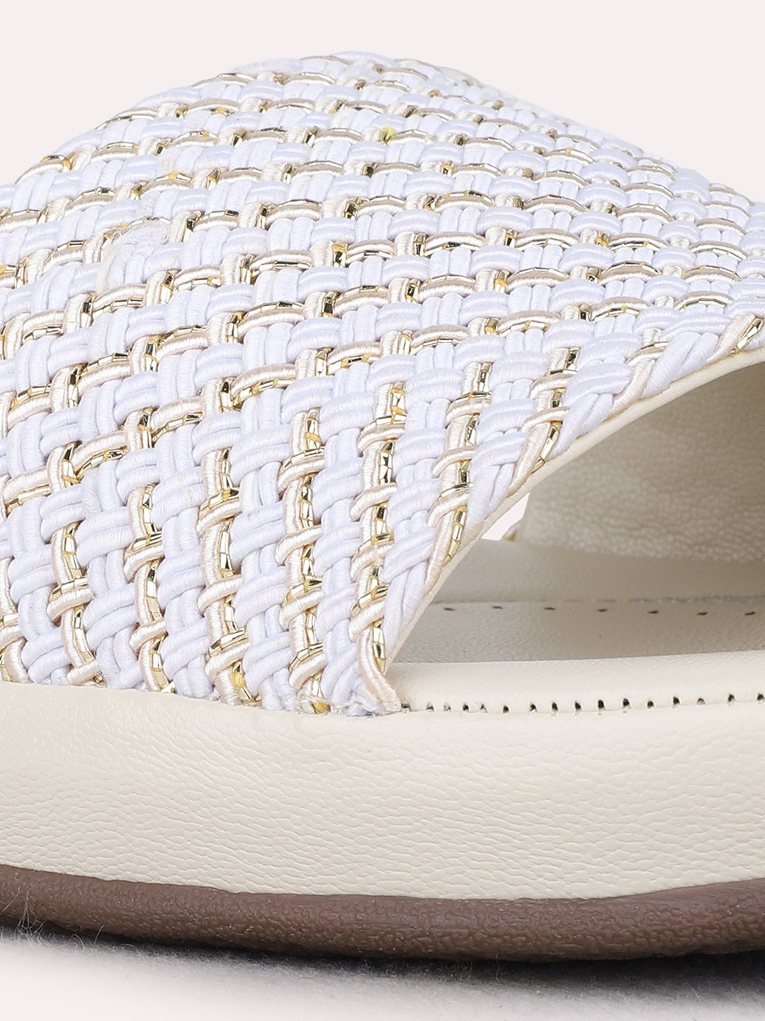 Womens White Casual Textured Open Toe Flat Sandals