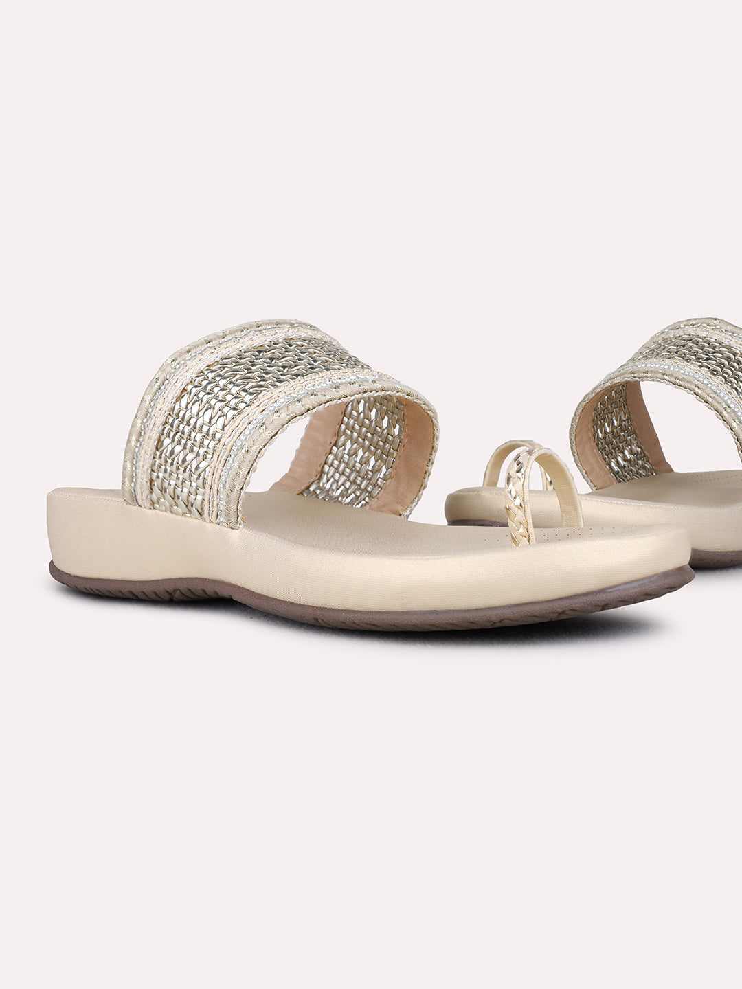 Womens Golden Party Wear Embellished One Toe Flat Slip-On Sandals