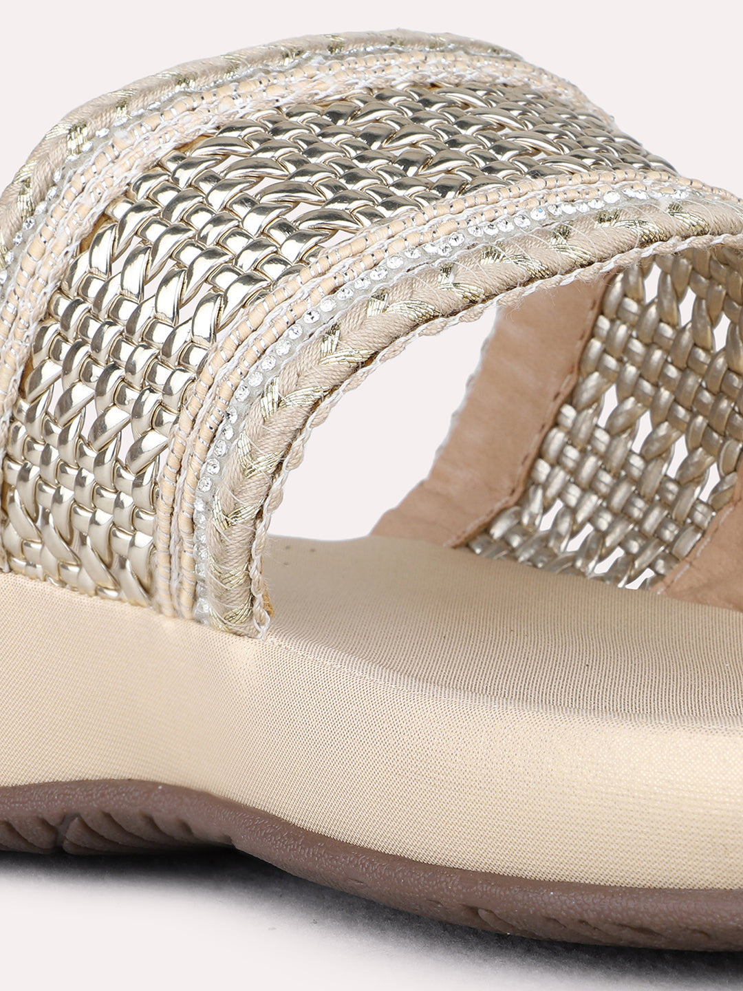 Womens Golden Party Wear Embellished One Toe Flat Slip-On Sandals