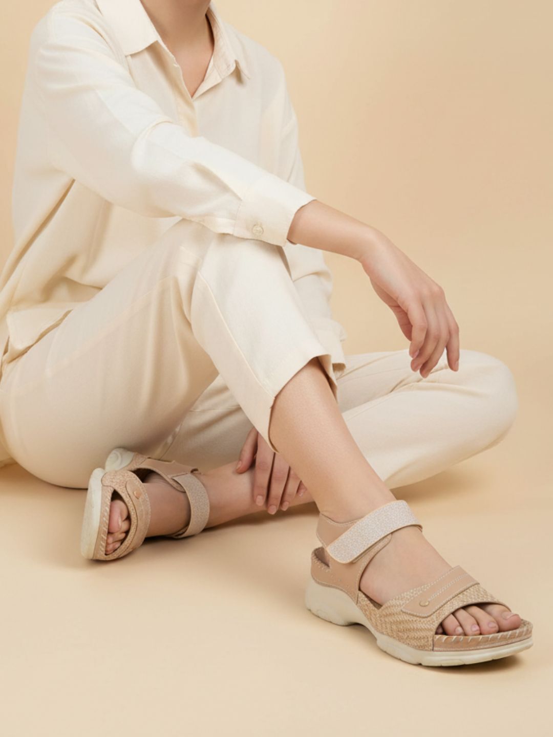 Womens Beige Casual Solid Round Toe Sandals