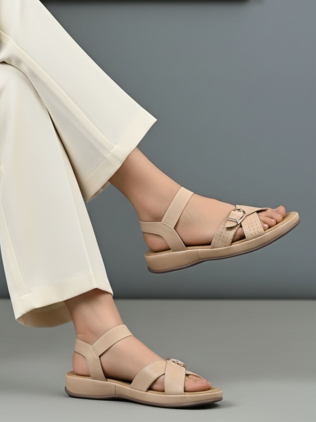 Womens Beige Casual Solid Open Toe Flats
