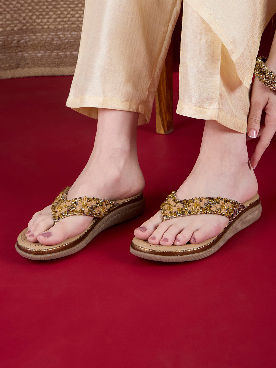 Womens Golden Casual Embellished T-Strap Flats