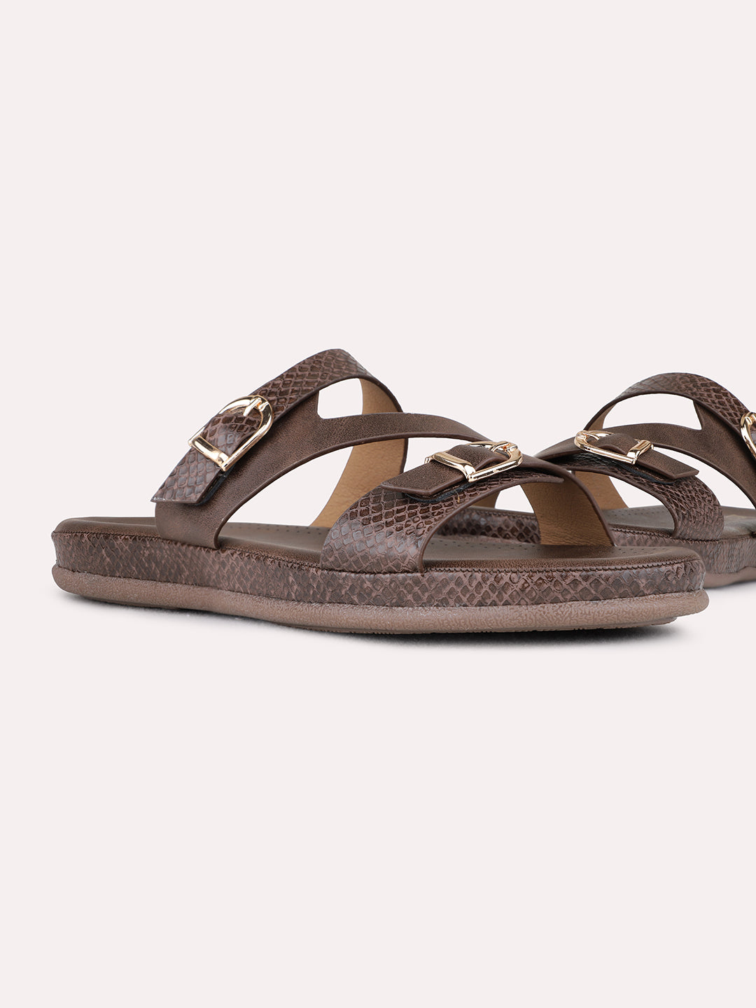 Womens Brown Ethnic Printed Open Toe Flats