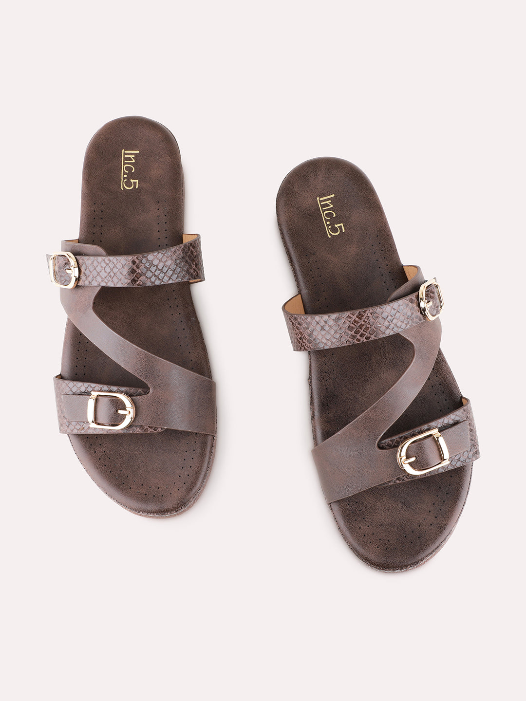 Womens Brown Ethnic Printed Open Toe Flats