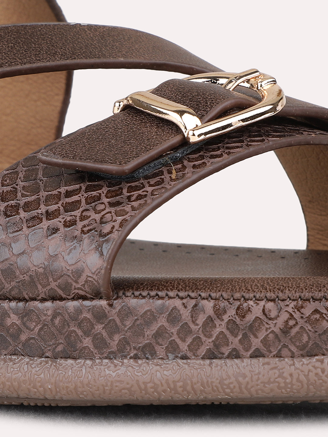 Womens Brown Ethnic Printed Open Toe Flats