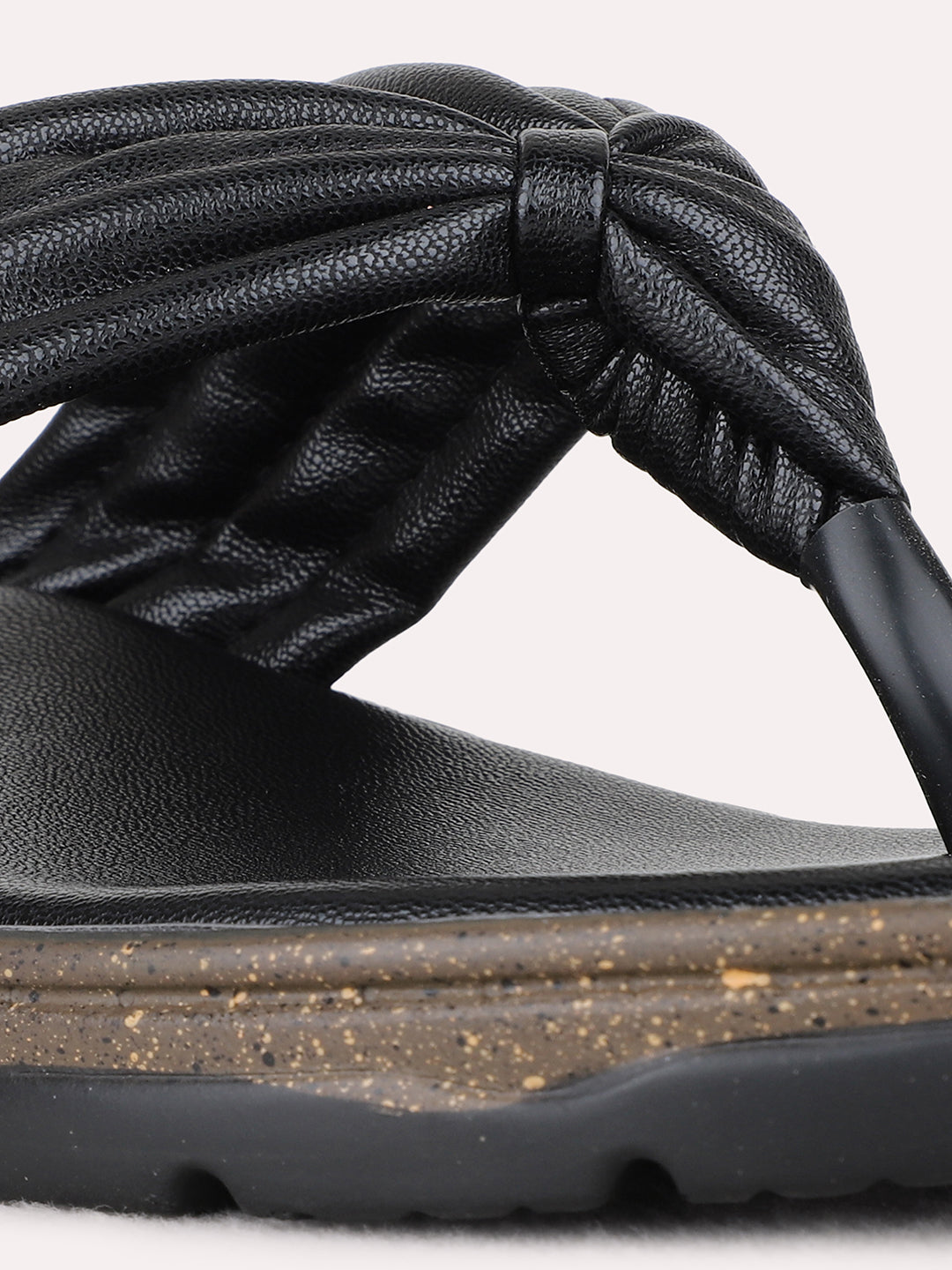 Womens Black Casual Solid Pattern T-Strap Flat Slip-On Sandals