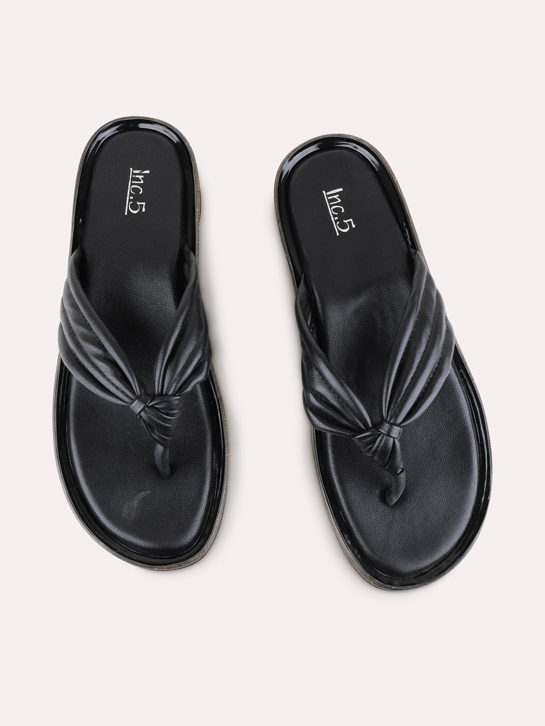 Womens Black Casual Solid Pattern T-Strap Flat Slip-On Sandals