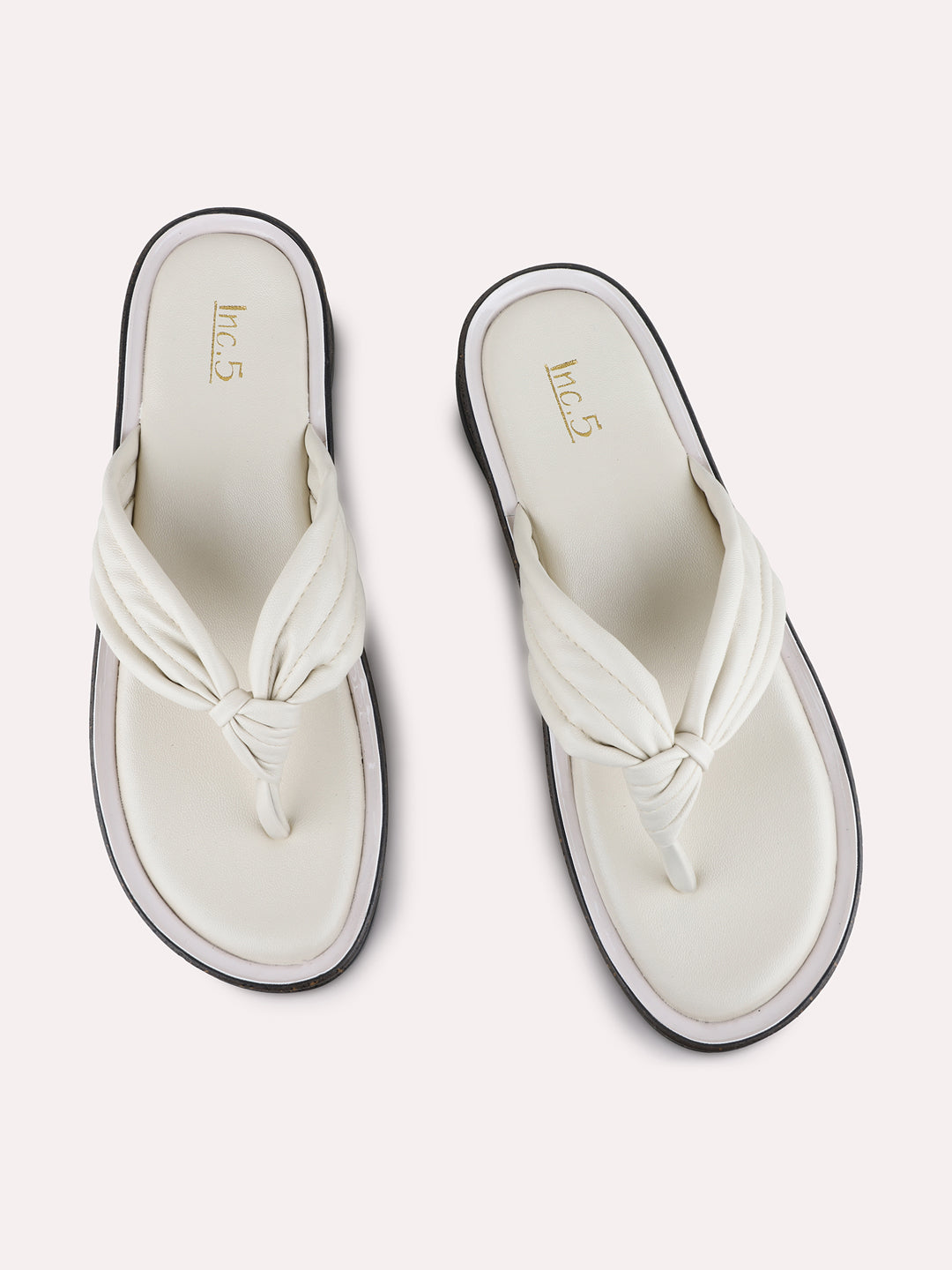 Womens Cream Casual Solid T-Strap Flat Slip-On Sandals