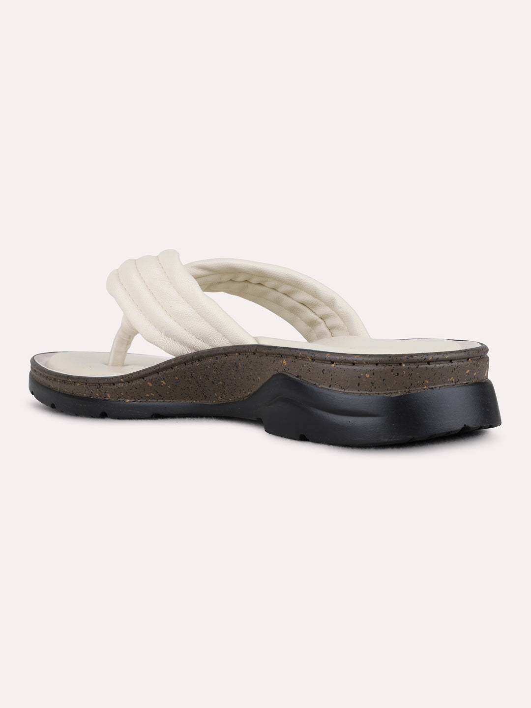 Womens Cream Casual Solid T-Strap Flat Slip-On Sandals