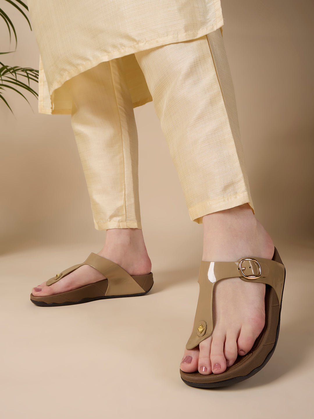 Womens Beige Casual Solid T-Strap Flats
