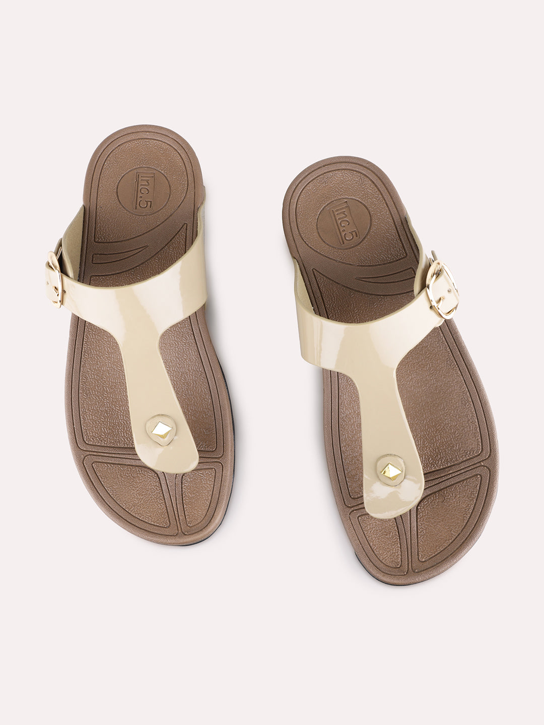 Womens Beige Casual Solid T-Strap Flats