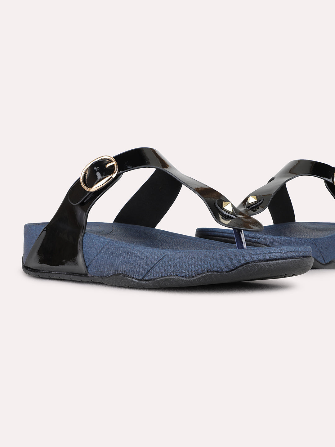 Womens Black Casual Solid T-Strap Flats