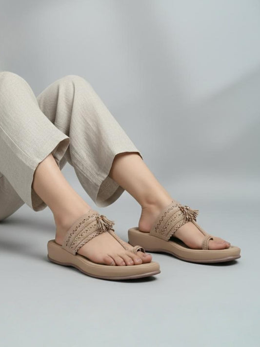 Womens Beige Casual Embellished One Toe Flat Slip-Ons