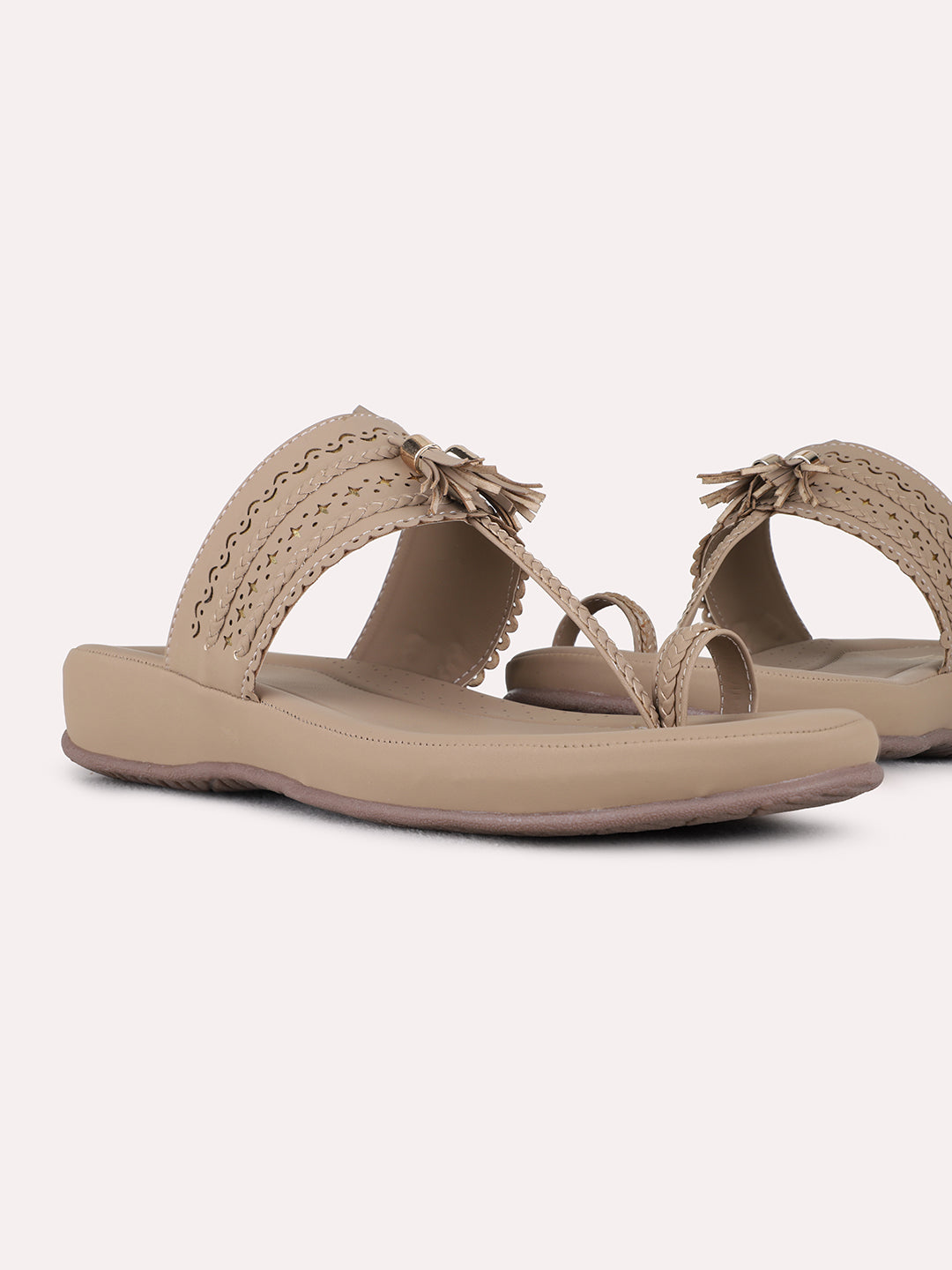 Womens Beige Casual Embellished One Toe Flat Slip-Ons