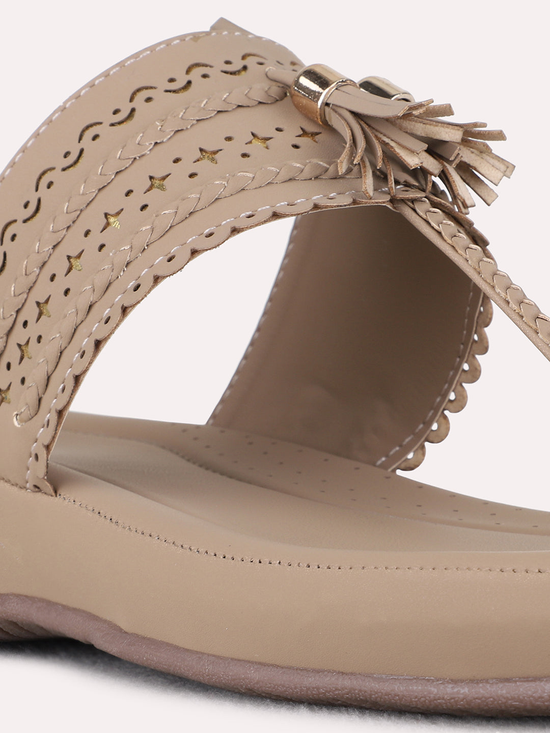 Womens Beige Casual Embellished One Toe Flat Slip-Ons