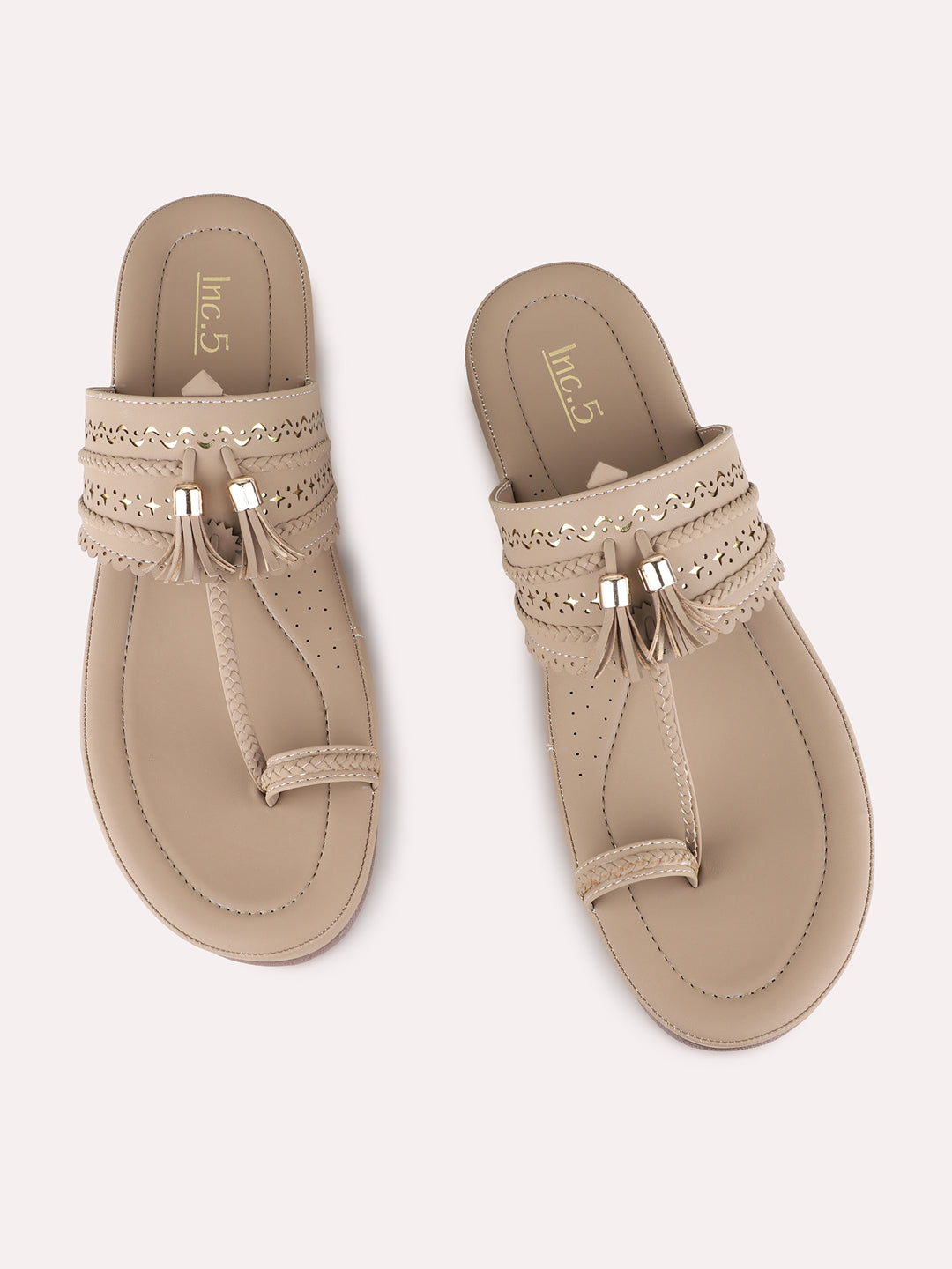 Womens Beige Casual Embellished One Toe Flat Slip-Ons