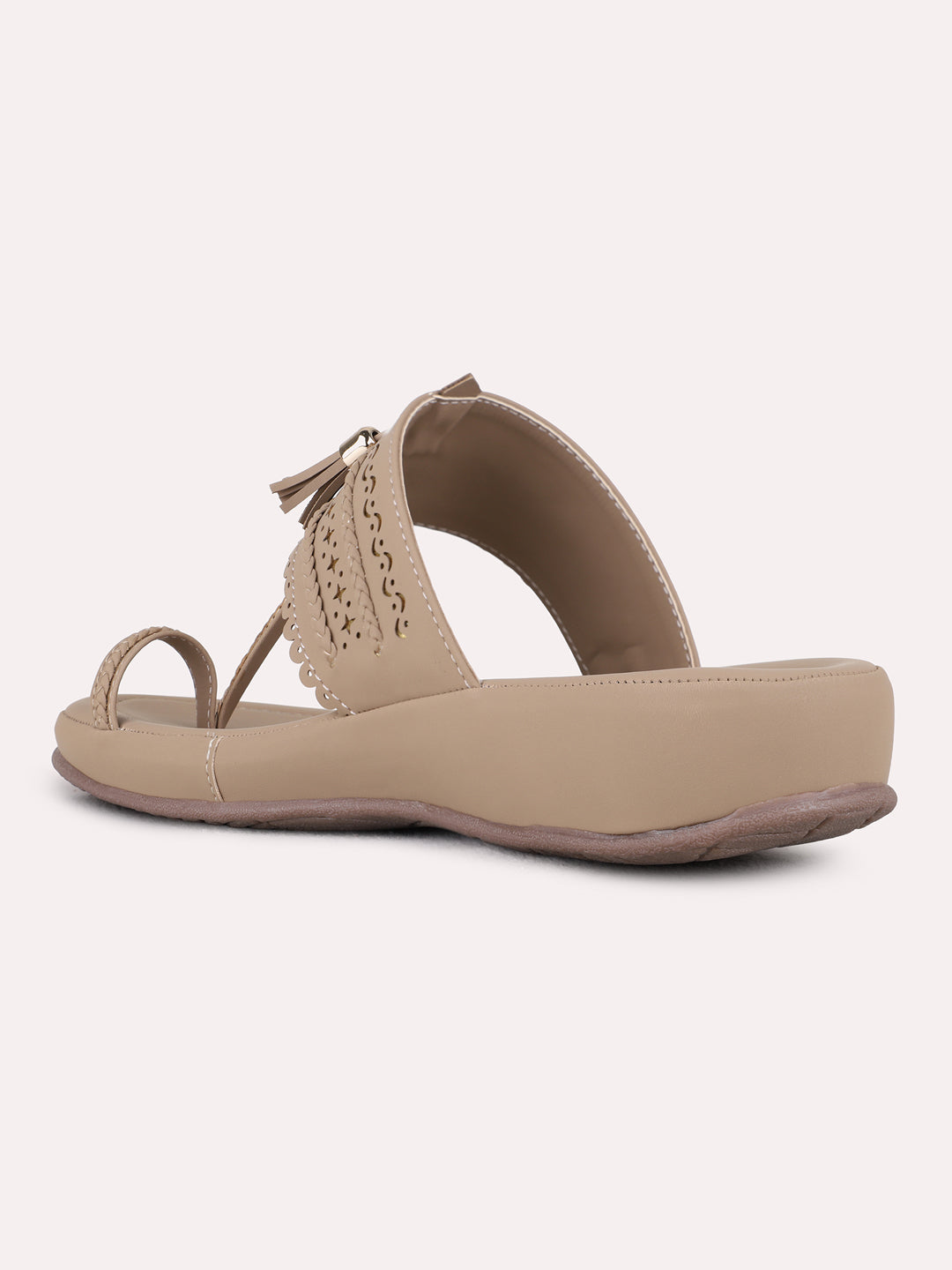 Womens Beige Casual Embellished One Toe Flat Slip-Ons