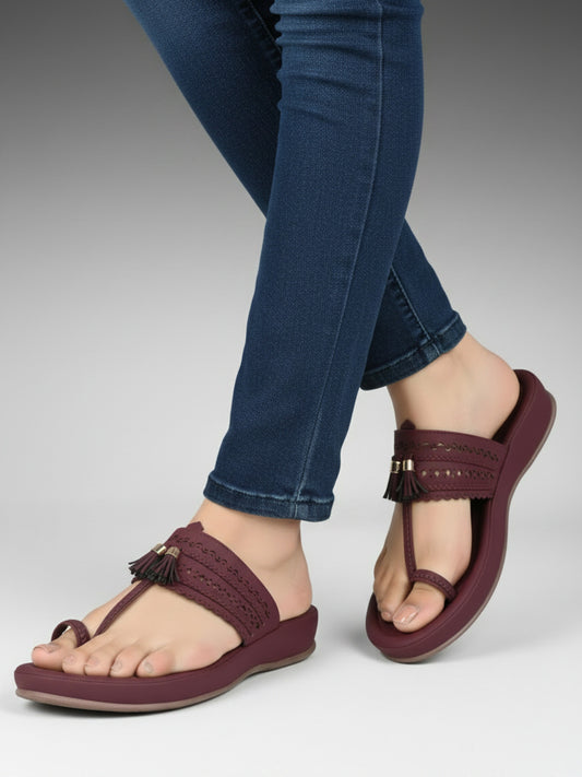 Womens Maroon Casual Embellished One Toe Flat Slip-Ons