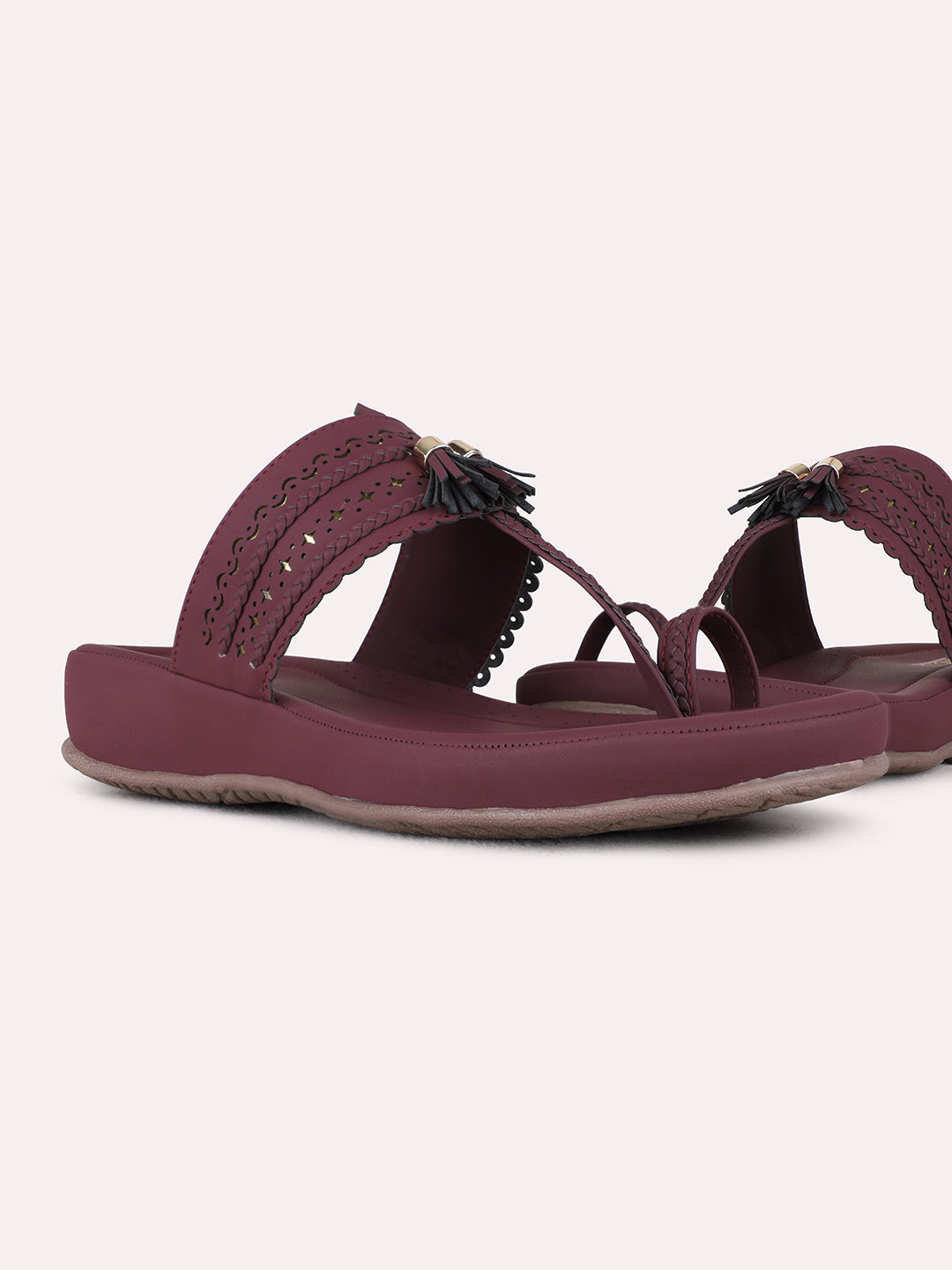 Womens Maroon Casual Embellished One Toe Flat Slip-Ons