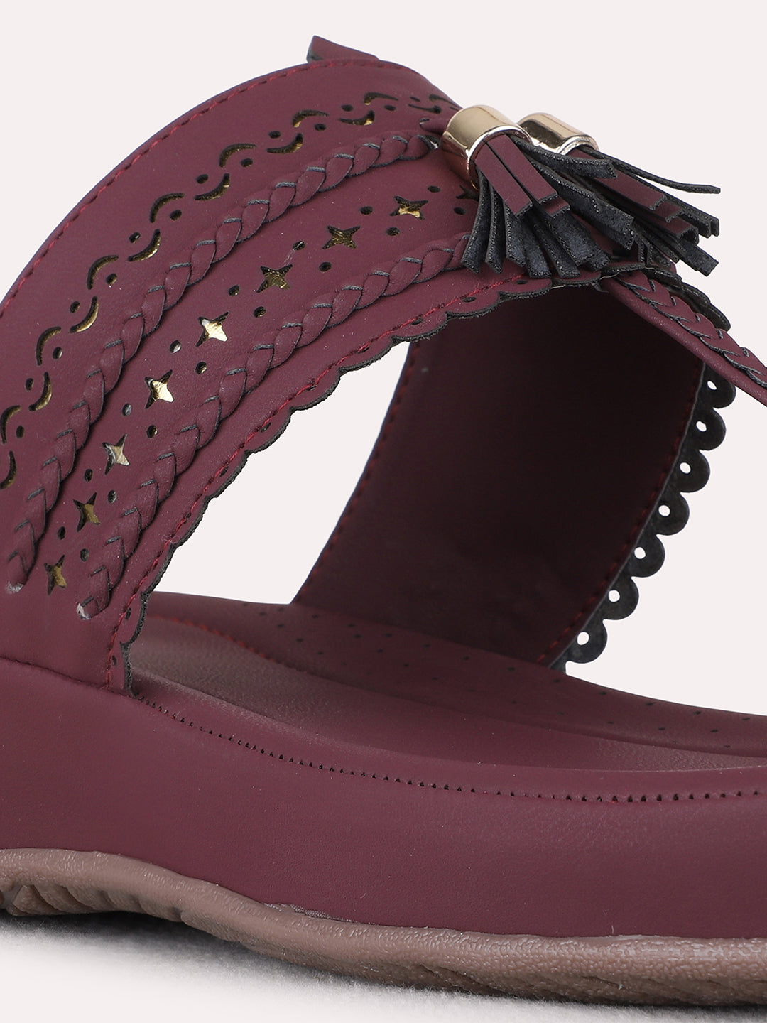 Womens Maroon Casual Embellished One Toe Flat Slip-Ons