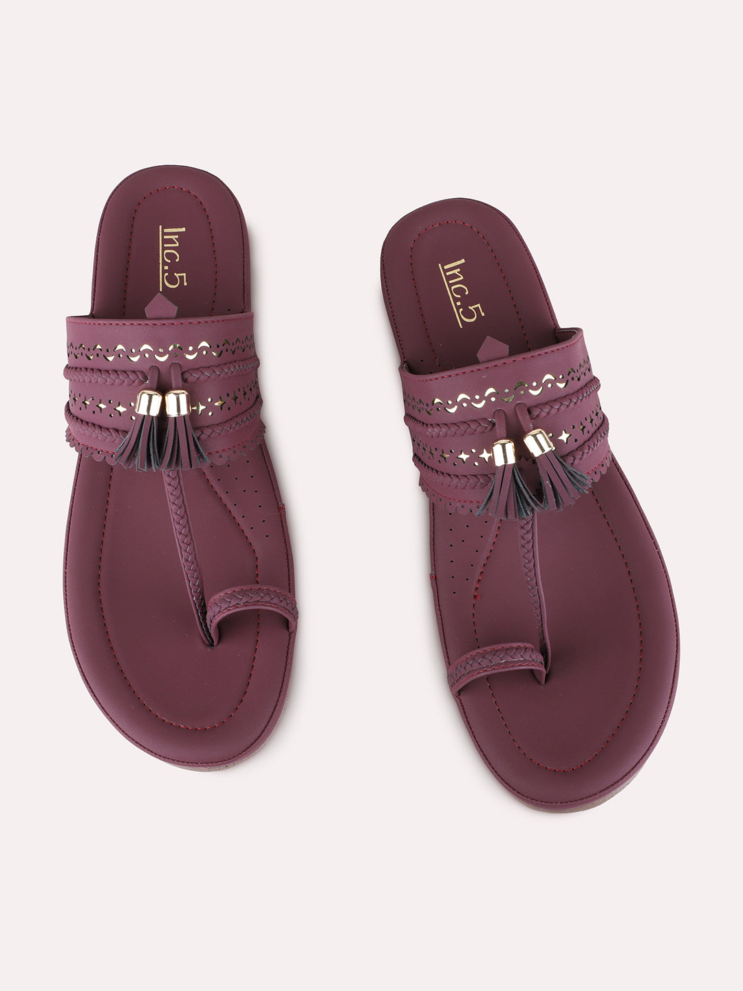 Womens Maroon Casual Embellished One Toe Flat Slip-Ons