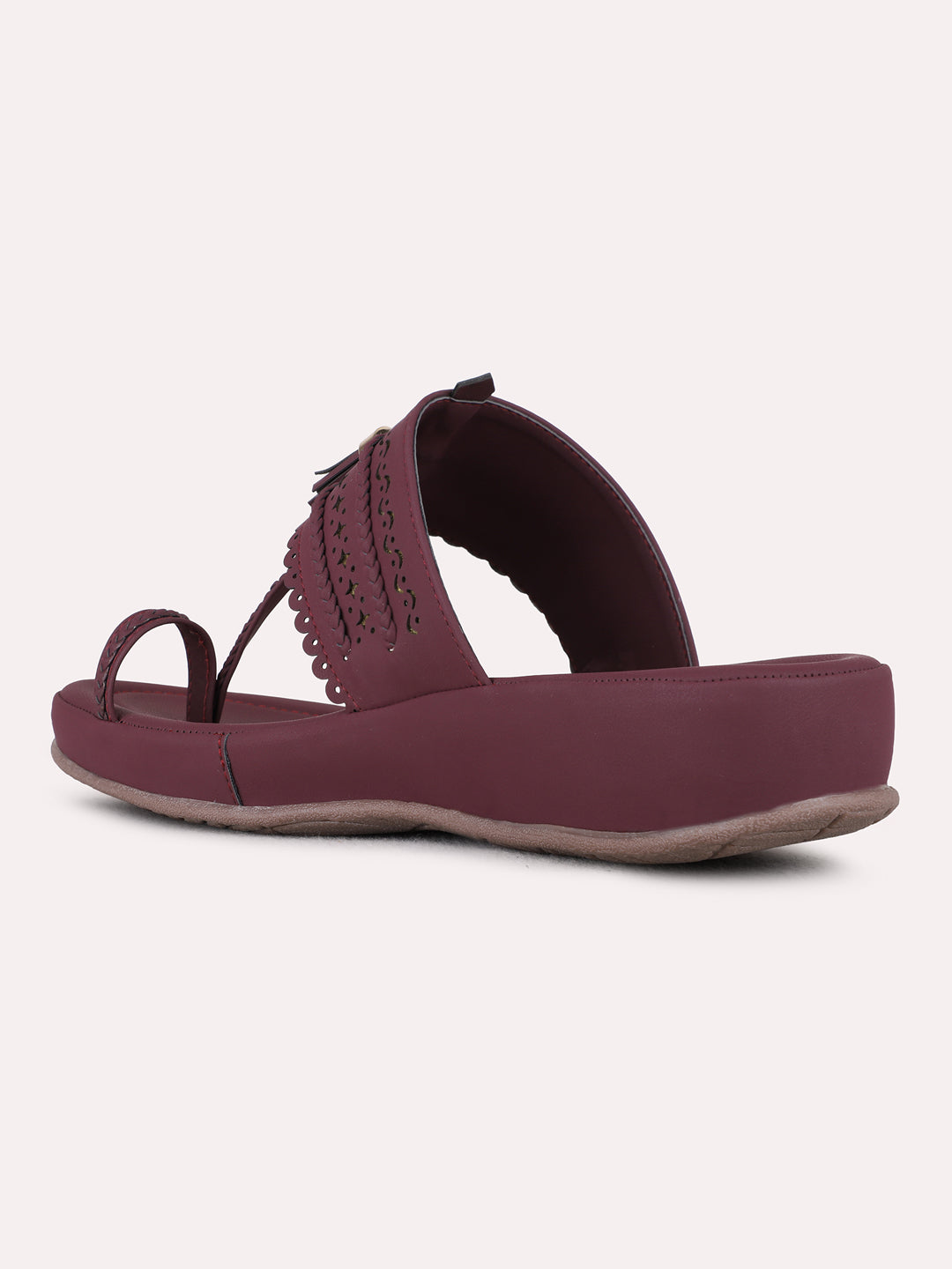 Womens Maroon Casual Embellished One Toe Flat Slip-Ons