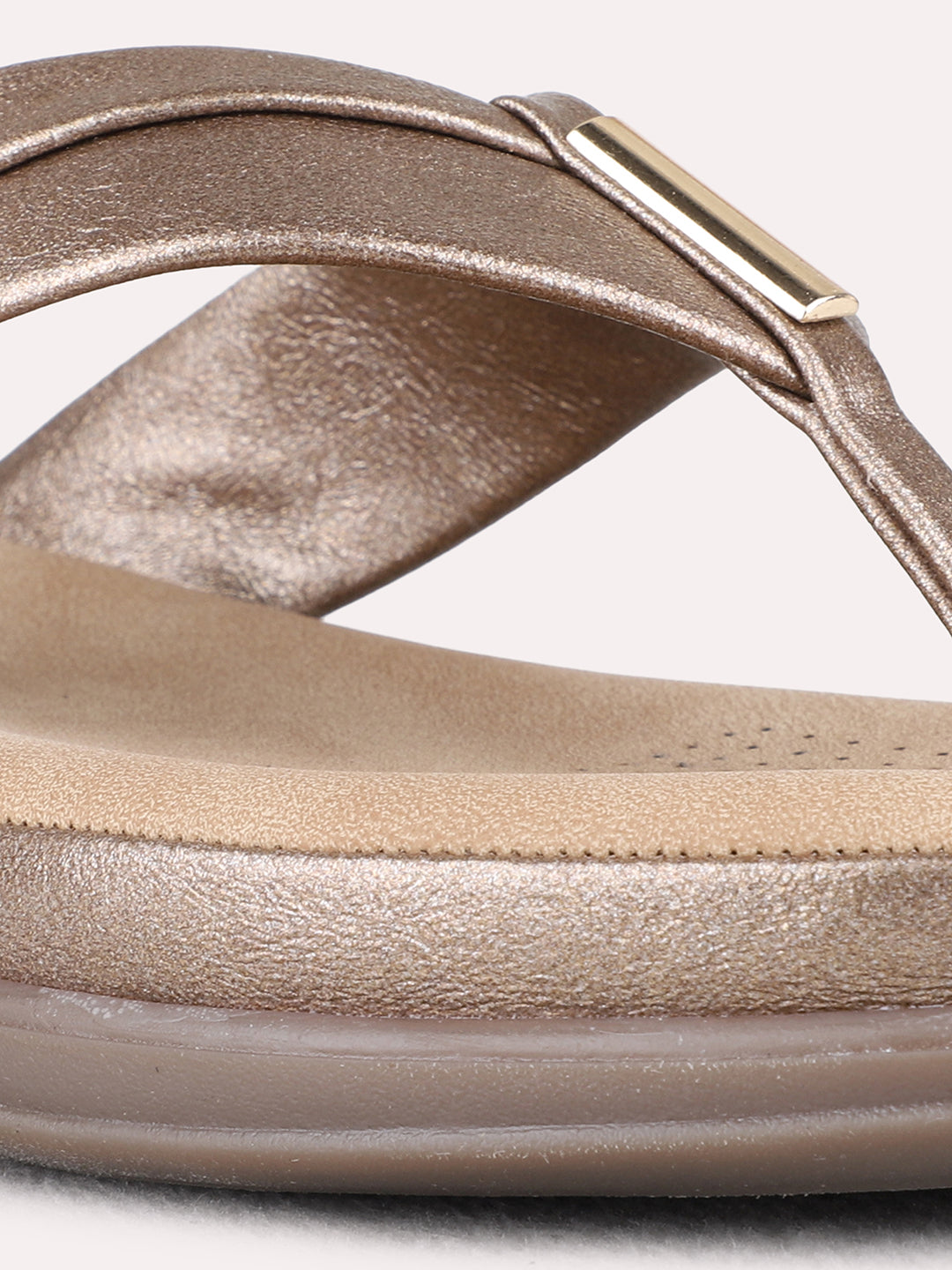 Womens Gold Casual Solid T-Strap Flat Slip-Ons
