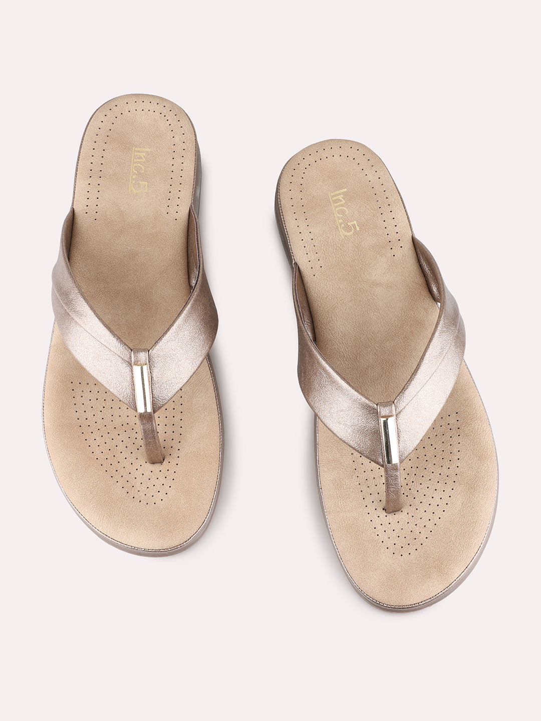 Womens Gold Casual Solid T-Strap Flat Slip-Ons