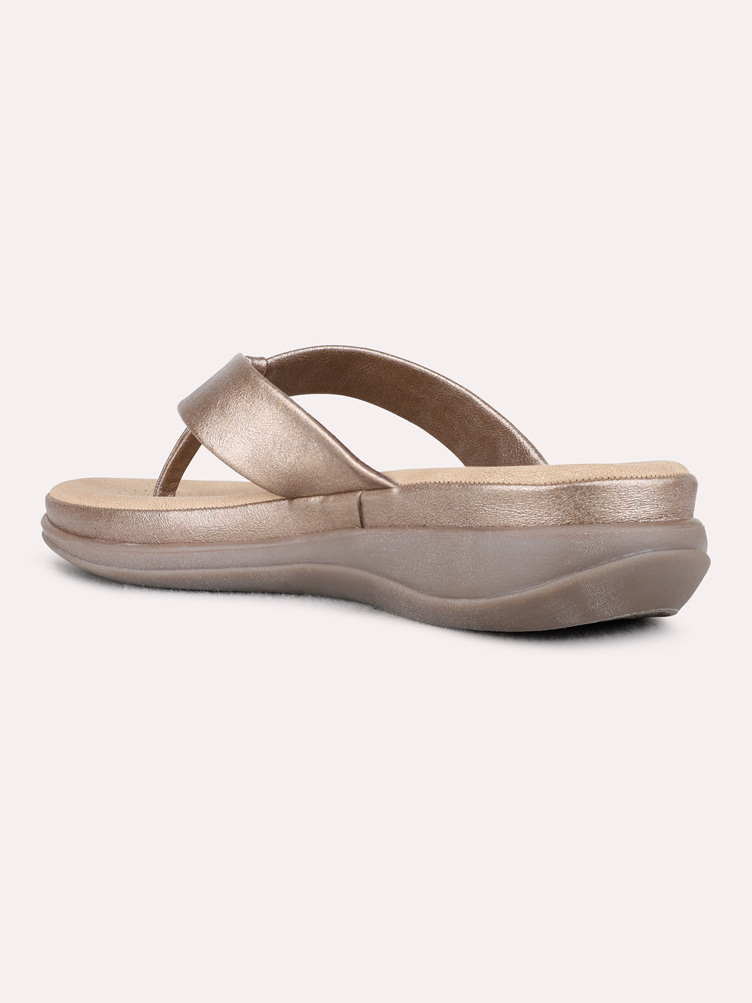 Womens Gold Casual Solid T-Strap Flat Slip-Ons