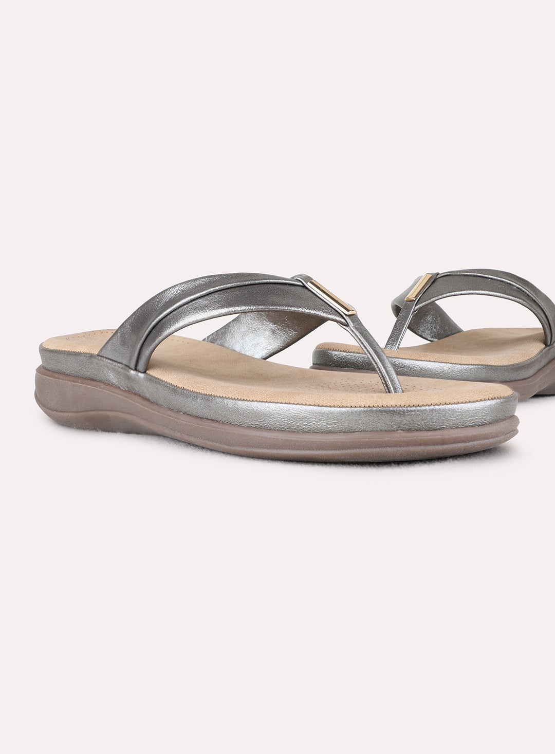 Womens Grey Casual Solid T-Strap Flat Slip-Ons
