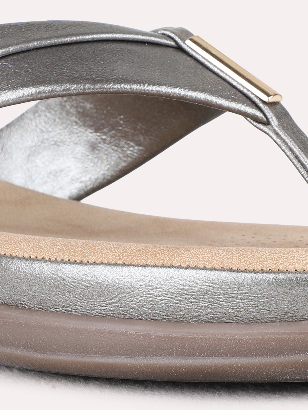 Womens Grey Casual Solid T-Strap Flat Slip-Ons