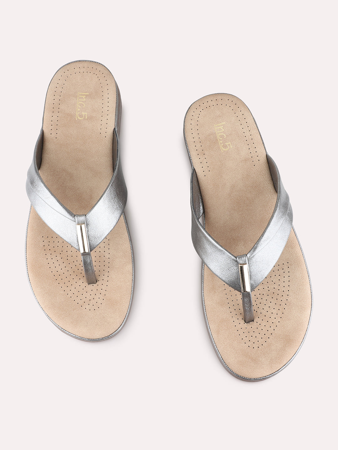 Womens Grey Casual Solid T-Strap Flat Slip-Ons