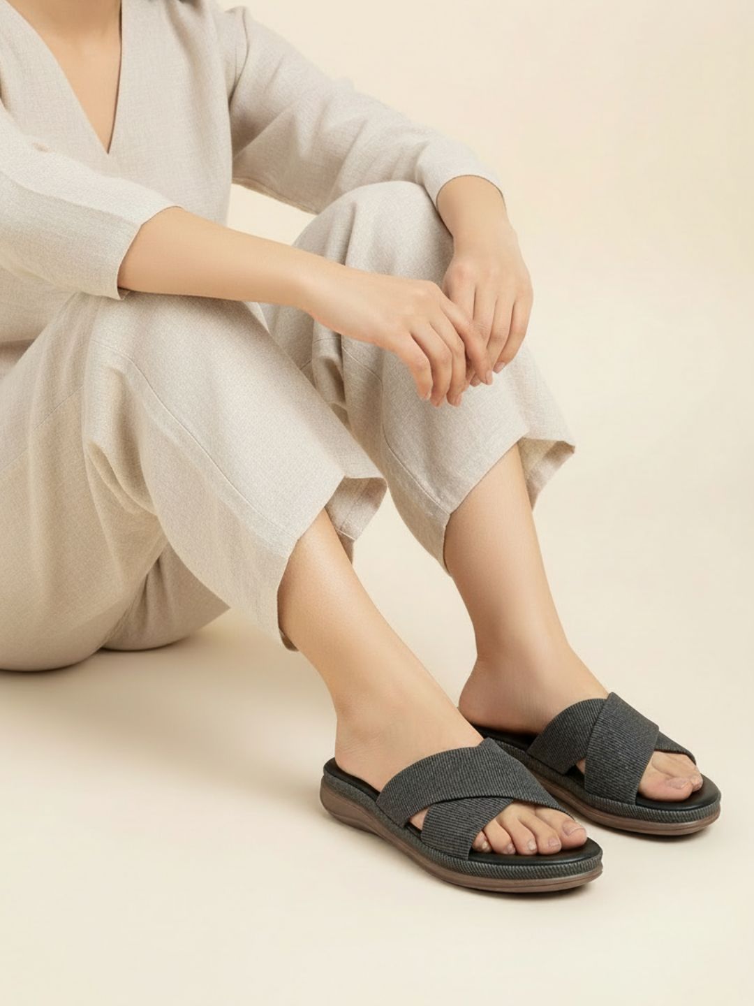 Womens Black Casual Solid Open Toe Slip-On Flats