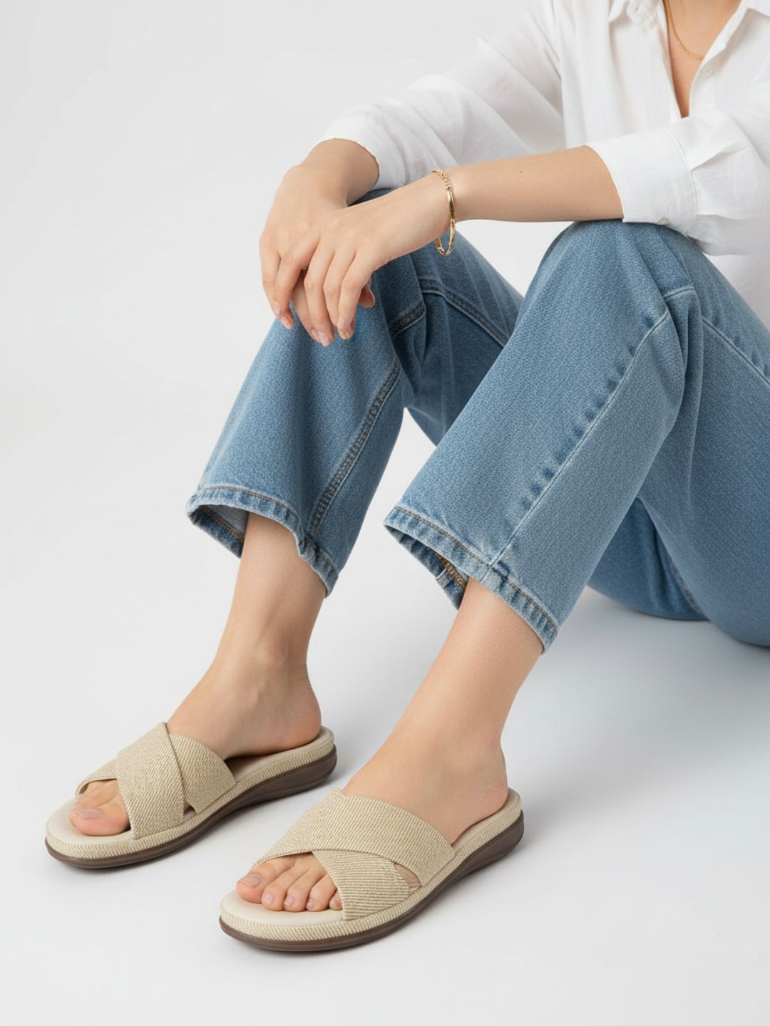 Womens Cream Casual Solid Open Toe Slip-On Flats