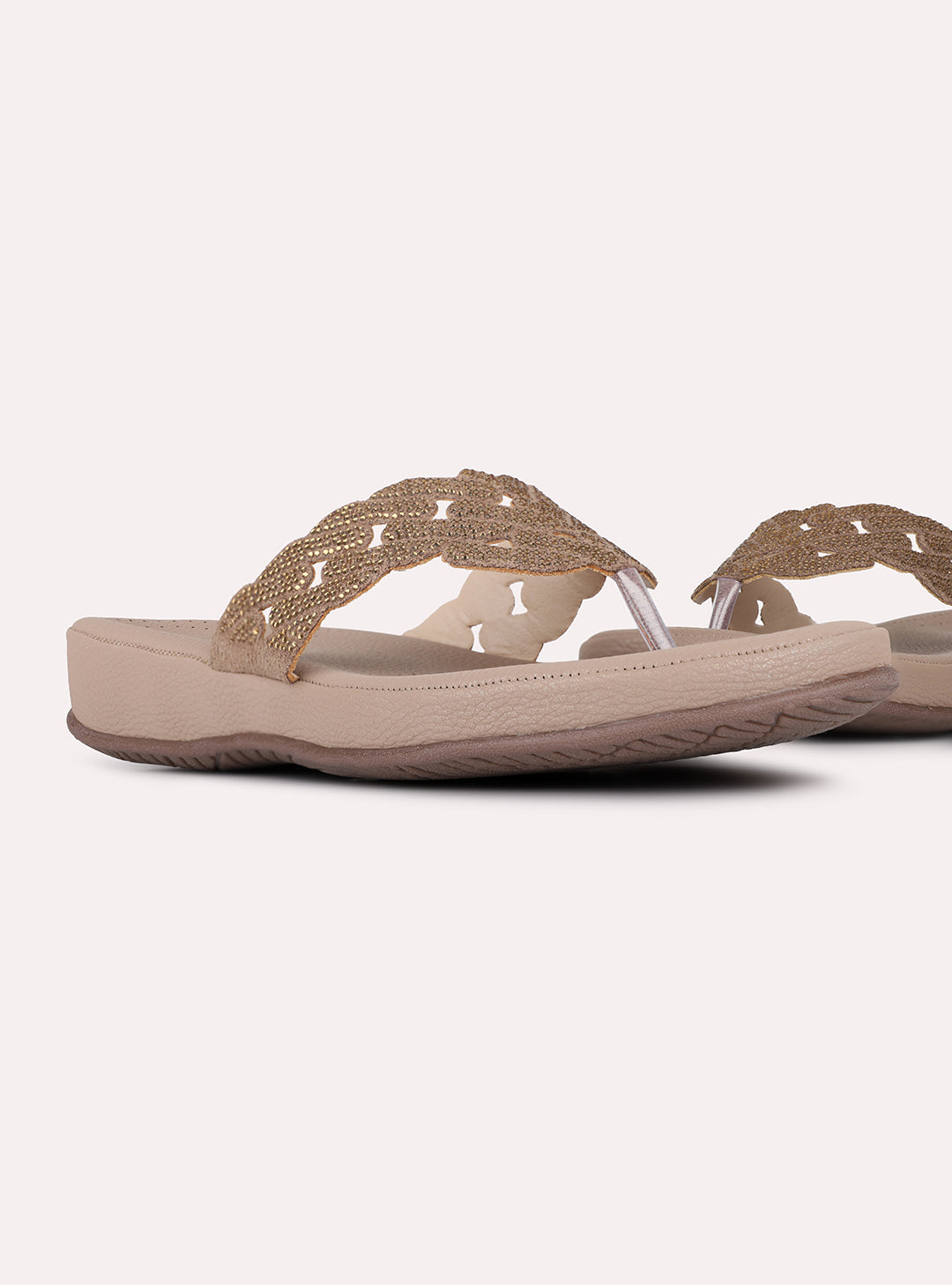 Womens Golden Casual Embellished Pattern T-Strap Slip-On Flats