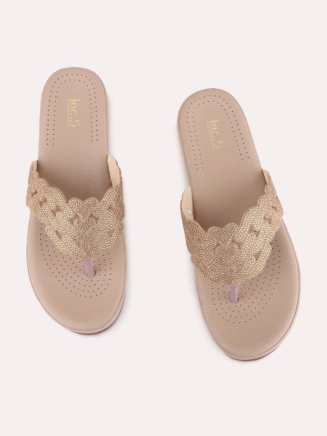Womens Golden Casual Embellished Pattern T-Strap Slip-On Flats