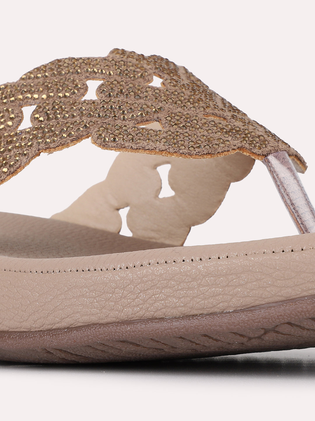 Womens Golden Casual Embellished Pattern T-Strap Slip-On Flats