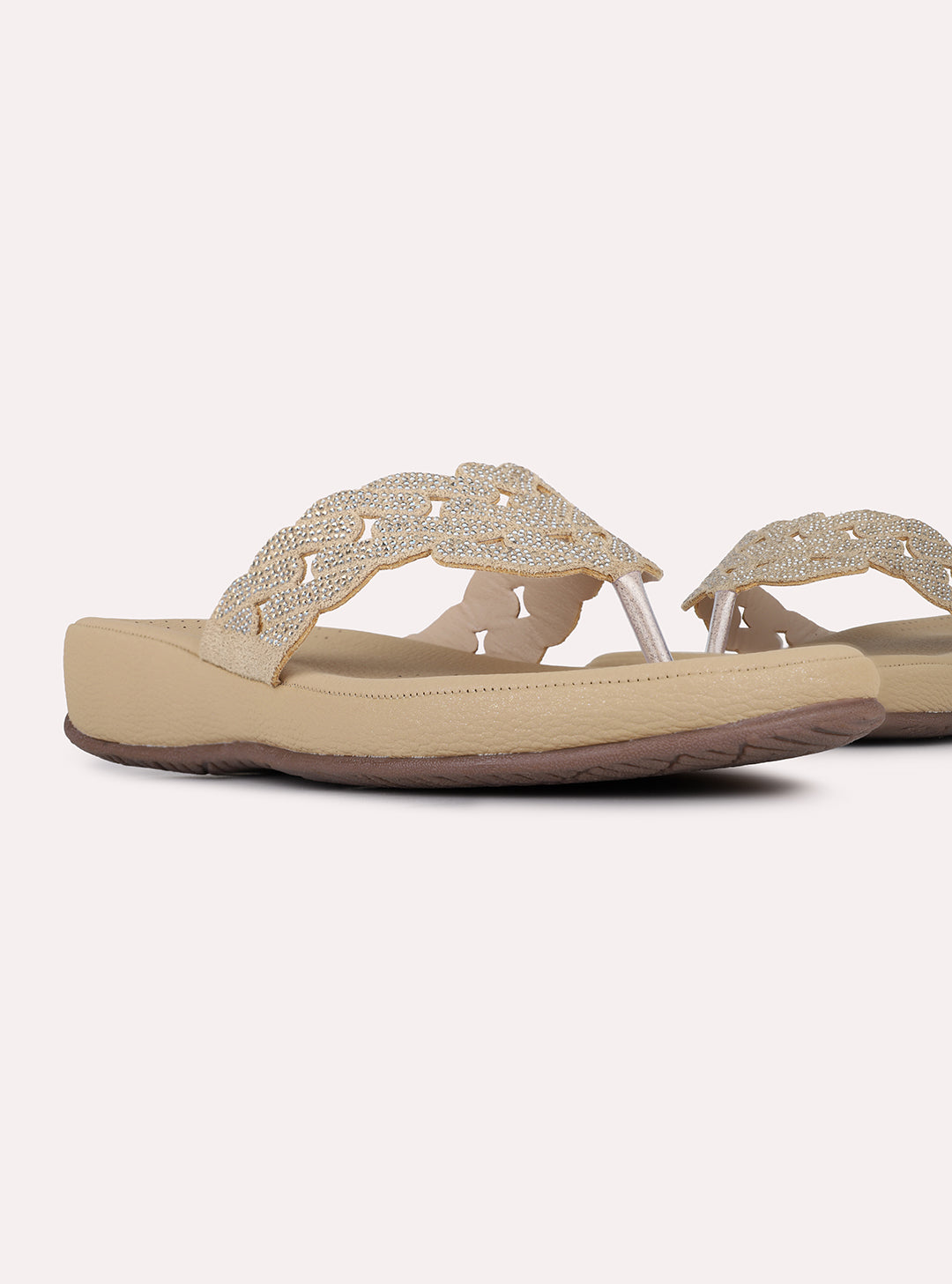 Womens Golden Casual Embellished T-Strap Slip-On Flats