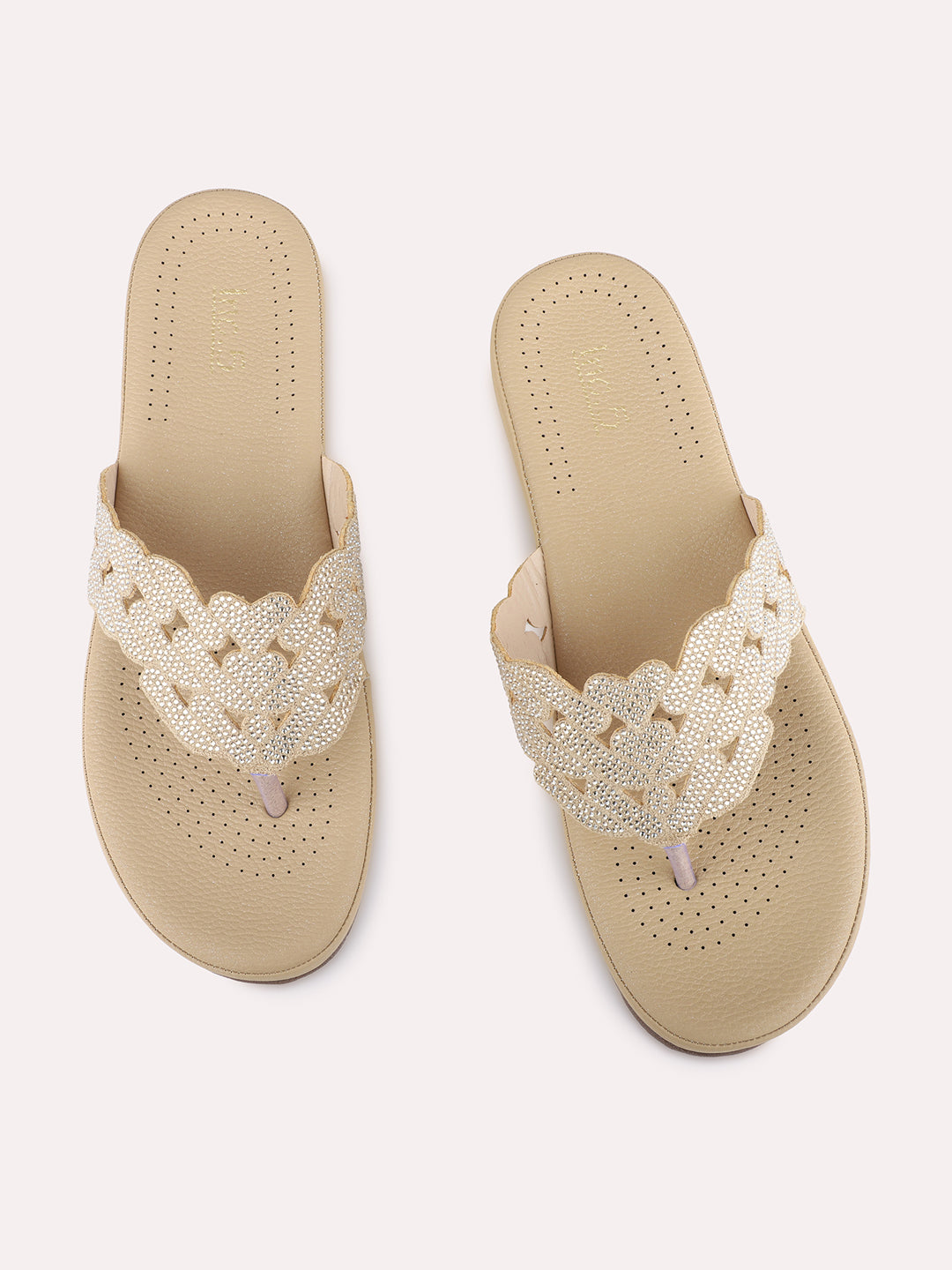 Womens Golden Casual Embellished T-Strap Slip-On Flats
