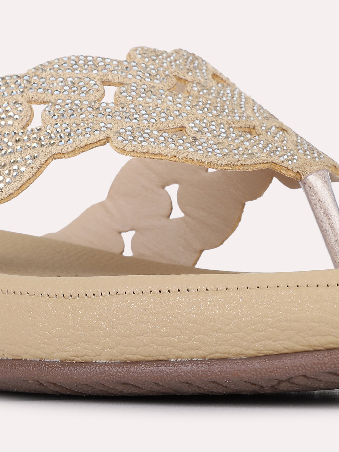 Womens Golden Casual Embellished T-Strap Slip-On Flats
