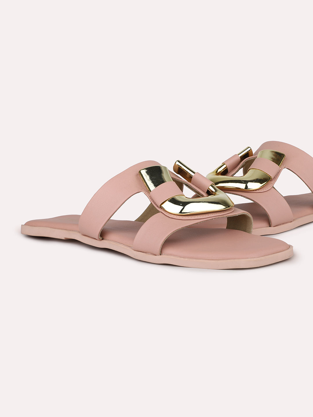 Women Peach & Gold-Toned Buckle Detailed Open Toe Flats